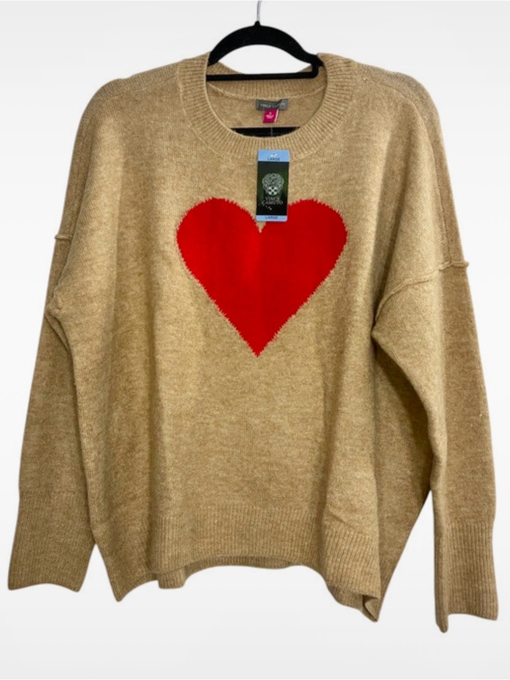 Vince Camuto Latte Heather Sweater with Red Heart Motif Large NWT